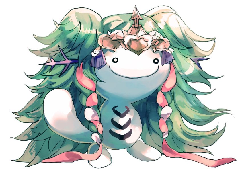 braid, commentary, english_commentary, fire_emblem, fire_emblem:_three_houses, full_body, gen_2_pokemon, green_hair, hair_ribbon, headdress, lady_kuki, long_hair, meme, nintendo, no_humans, pokemon, pokemon_(creature), ribbon, ribbon_braid, side_braid, simple_background, smile, sothis_(fire_emblem), standing, twin_braids, white_background, wooper