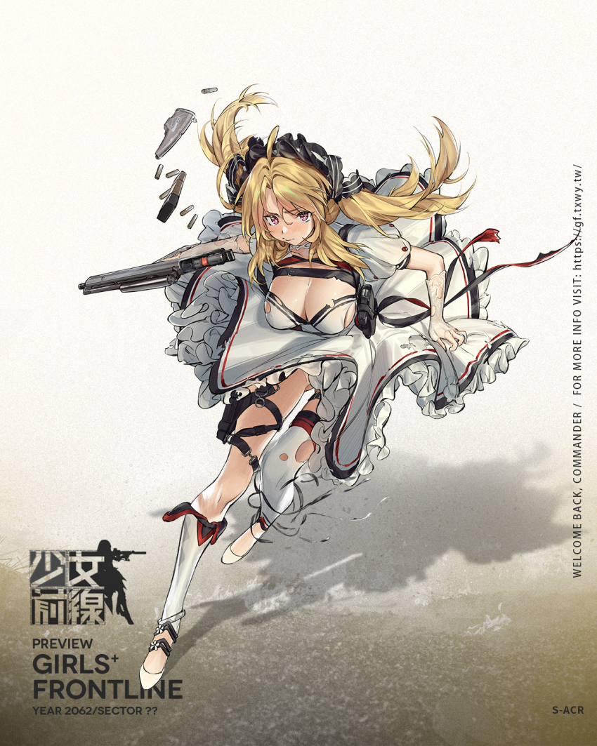 1girl, 5.56x45mm_scf, ahoge, ammunition, annular_primer, assault_rifle, asymmetrical_legwear, birdcage_flash_hider