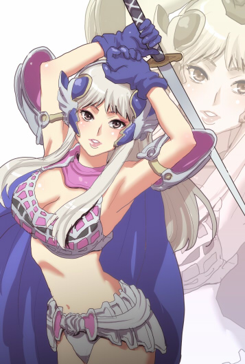 1girl, animification, armor, armpits, blush, breasts, cleavage, female_focus