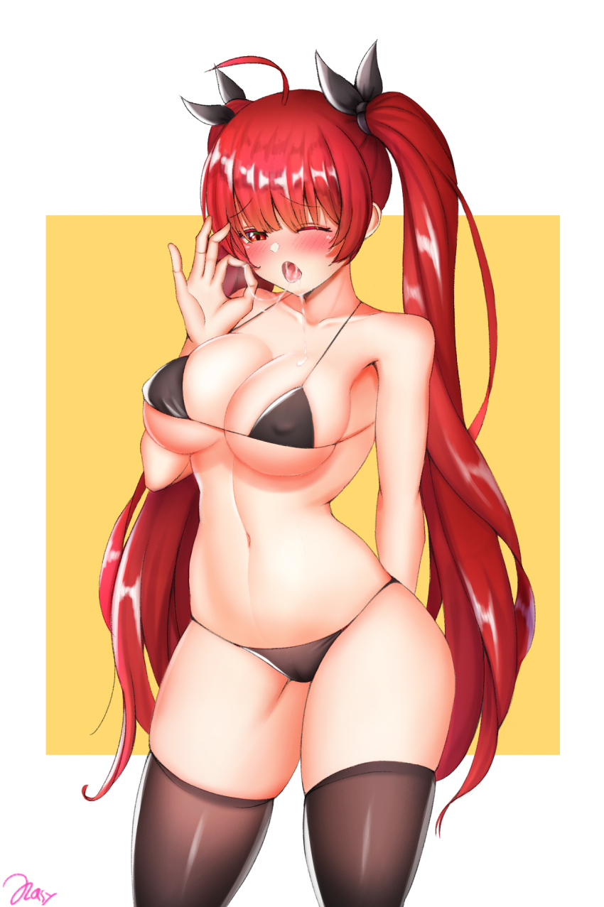 1girl, ahoge, azur_lane, bikini, black_bikini, black_thighhighs, blush, bow