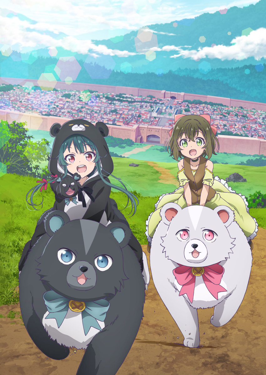 2girls, 2others, :d, absurdres, animal_hood, bear_hood, dress, fina_(kuma_kuma_kuma_bear)