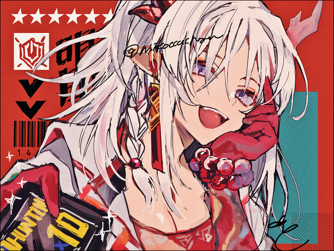 1girl, arknights, bad_id, bad_twitter_id, bracelet, braid, breasts, cheek_rest