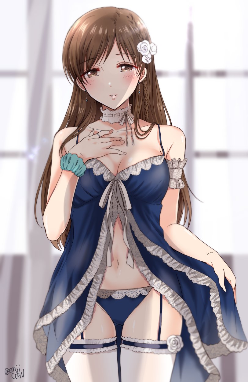 1girl, arm_garter, babydoll, babydoll_lift, bare_arms, bare_shoulders, blue_babydoll, blue_panties, blurry, blurry_background, blush, braid, breasts, brown_eyes, brown_hair, choker, cleavage, collarbone, cowboy_shot, curtains, depth_of_field, earrings, flower, frilled_choker, frills, garter_straps, gen_(enji), hair_flower, hair_ornament, hand_on_own_chest, hand_up, highres, idolmaster, idolmaster_cinderella_girls, indoors, jewelry, lace, lace-trimmed_panties, lace_trim, light_smile, lingerie, long_hair, looking_at_viewer, medium_breasts, navel, nitta_minami, panties, parted_lips, ribbon, ribbon-trimmed_choker, ribbon_trim, ring, rose, scrunchie, single_braid, solo, spaghetti_strap, standing, stomach, thighhighs, twitter_username, underwear, underwear_only, white_choker, white_flower, white_ribbon, white_rose, white_thighhighs, window, wrist_scrunchie