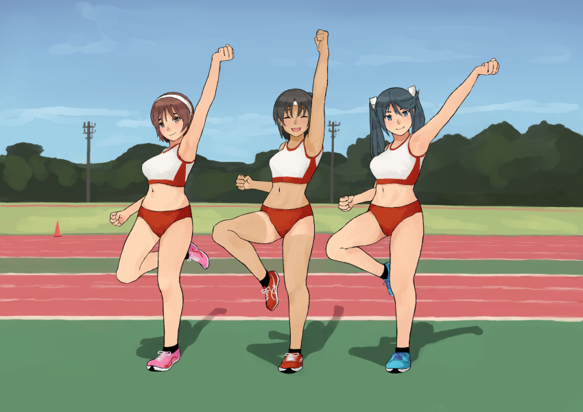 3girls, ^_^, alternate_costume, arm_up, black_hair, black_legwear, blue_footwear, brown_eyes, brown_hair, buruma, clenched_hand, closed_eyes, cone, facing_viewer, full_body, green_eyes, green_hair, hair_ribbon, hairband, headband, highres, isuzu_(kancolle), kantai_collection, long_hair, midriff, multiple_girls, nagara_(kancolle), nakano_kiho, natori_(kancolle), navel, one_side_up, pink_shoes, red_footwear, ribbon, shoes, short_hair, sleeveless, sneakers, socks, tan, tanline, track_uniform, twintails, white_hairband, white_headband, white_ribbon