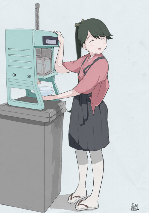 1girl, commentary_request, closed_eyes, facing_away, green_hair, hakama, hakama_skirt, houshou_(kancolle)