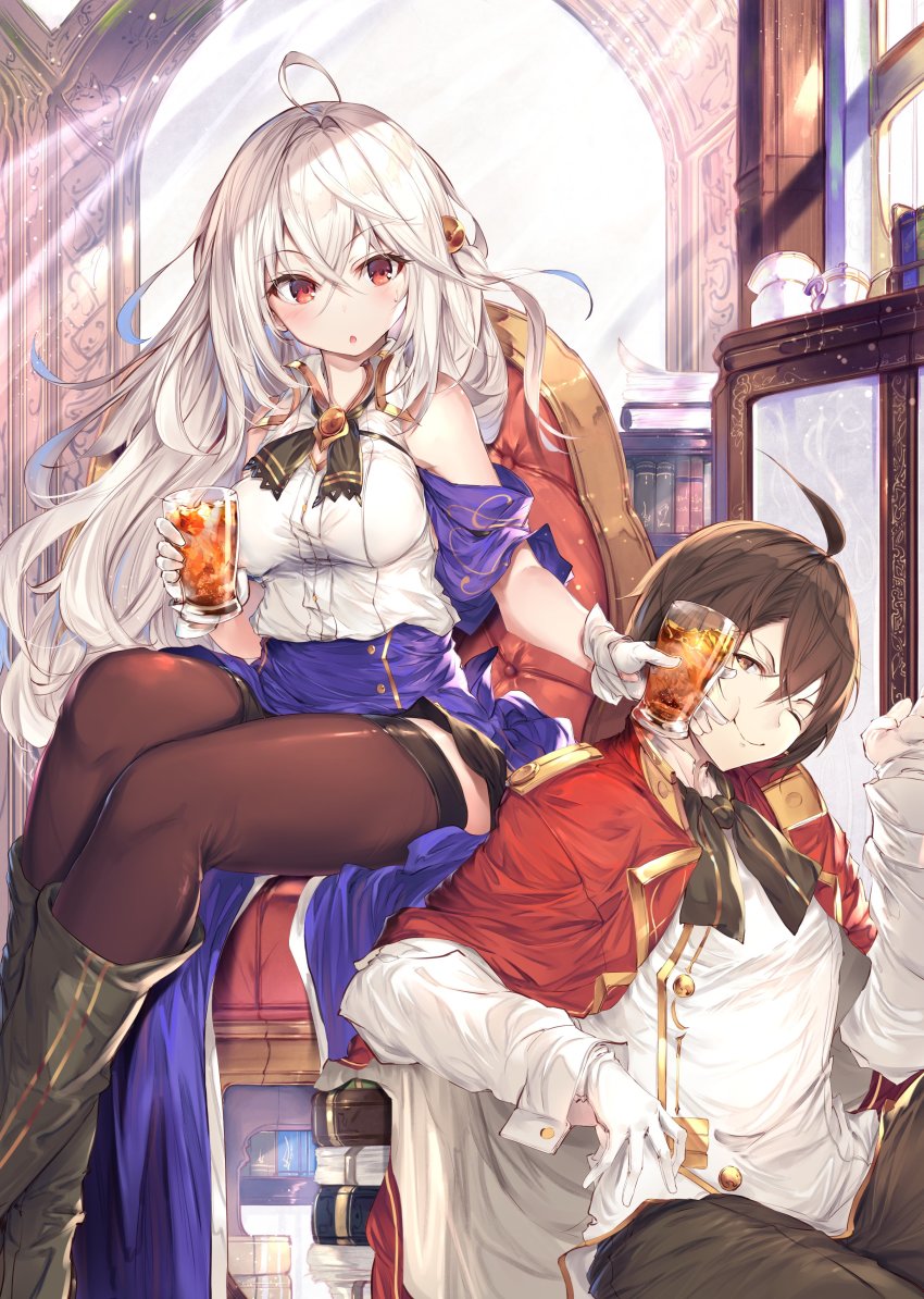 1boy, 1girl, absurdres, ahoge, bare_shoulders, black_neckwear, black_thighhighs, blush, book, boots, breasts, brooch, commentary_request, creamer_(vessel), cup, drinking_glass, fal_maro, gloves, hair_ornament, highres, holding, holding_cup, ice, ice_cube, jewelry, long_hair, looking_at_viewer, neck_ribbon, ninym_ralei, official_art, red_eyes, ribbon, shirt, sitting, sleeveless, sleeveless_shirt, smile, sugar_bowl, tensai_ouji_no_akaji_kokka_saiseijutsu, thighhighs, wein_salema_arbalest, white_gloves, white_hair, white_shirt, wing_collar, zettai_ryouiki