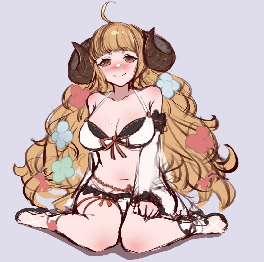 1girl, ahoge, anila_(granblue_fantasy), anila_(summer)_(granblue_fantasy), bikini, blonde_hair, blush, breasts, draph, front-tie_top, granblue_fantasy, horns, konkitune803, large_breasts, long_hair, looking_at_viewer, sheep_horns, short_eyebrows, sitting, smile, solo, swimsuit, white_bikini, yellow_eyes