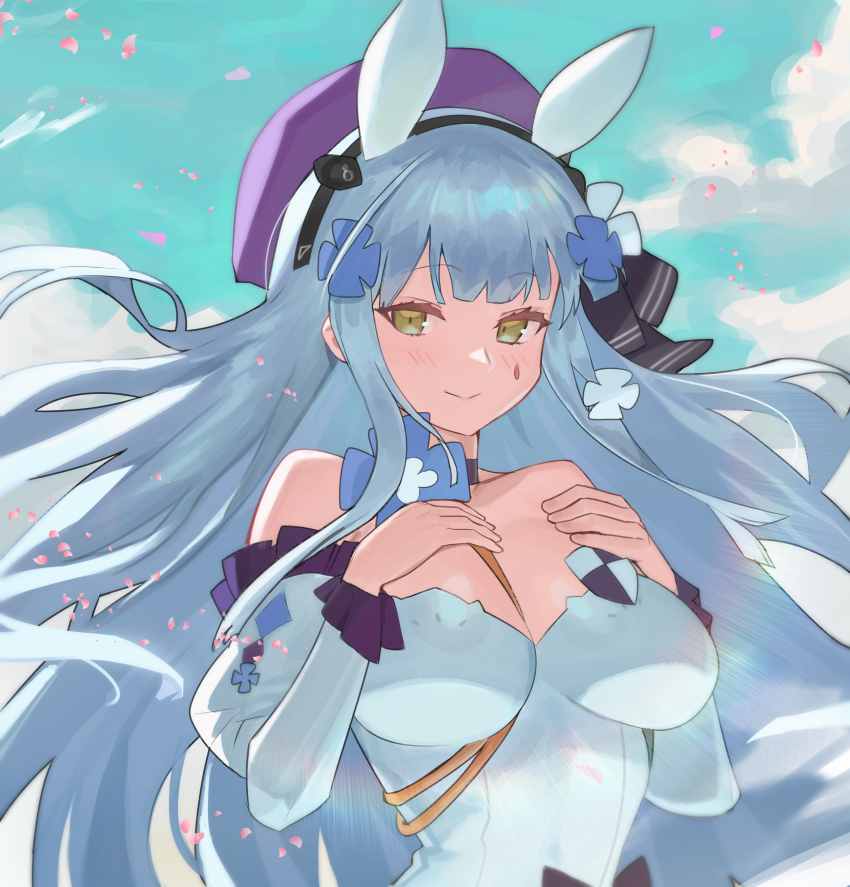 1girl, absurdres, animal_ears, beret, blue_hair, day, detached_sleeves, fake_animal_ears