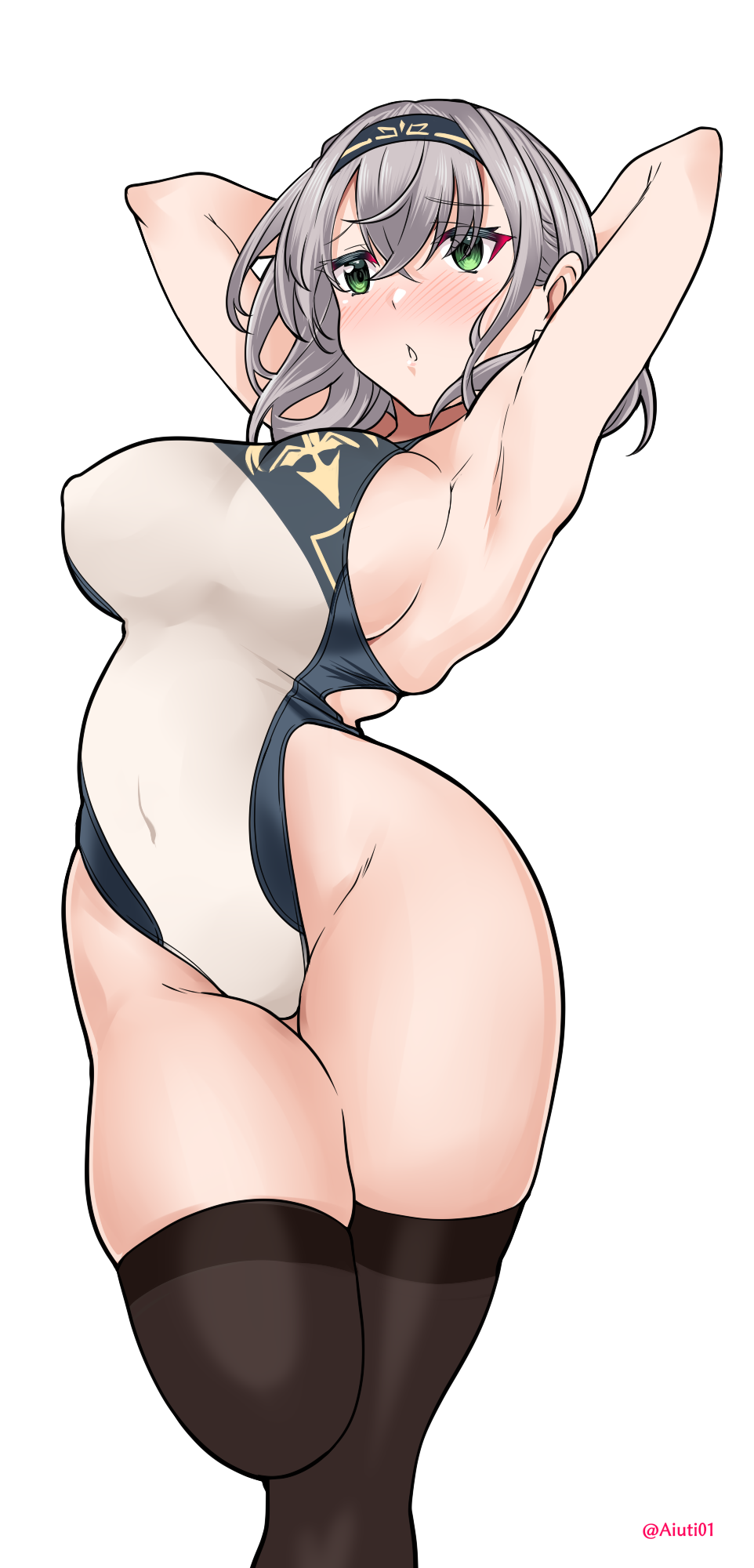 1girl, aiuti, alternate_costume, armpits, arms_behind_head, black_thighhighs, breasts, competition_swimsuit