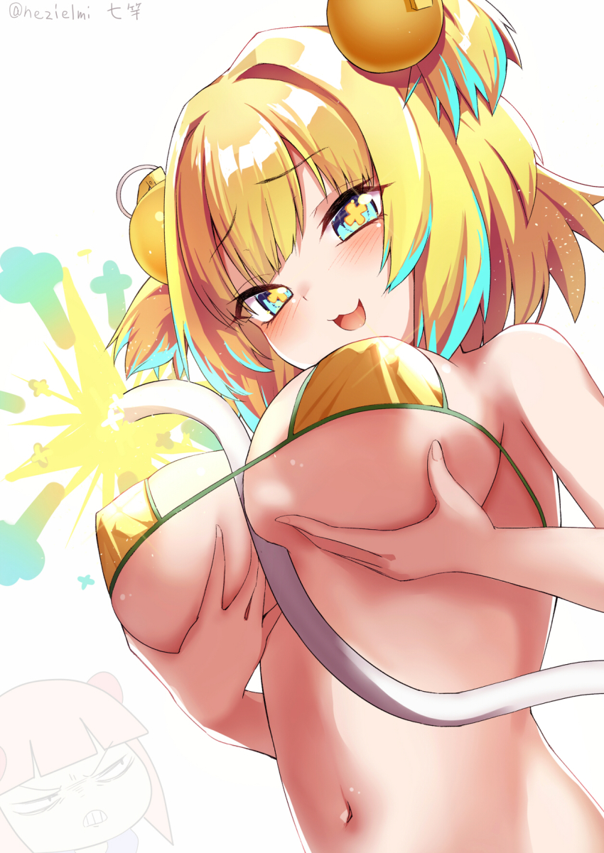 +_+, 2girls, bare_shoulders, bikini, blonde_hair, blue_eyes, blue_hair, blush, bombergirl, breast_hold, breasts, grenade_hair_ornament, highres, large_breasts, looking_at_viewer, momoko_(bombergirl), multicolored_hair, multiple_girls, nezielmi, pine_(bombergirl), short_hair, simple_background, smile, swimsuit, symbol-shaped_pupils, two-tone_hair, upper_body, white_background, yellow_bikini, yellow_pupils