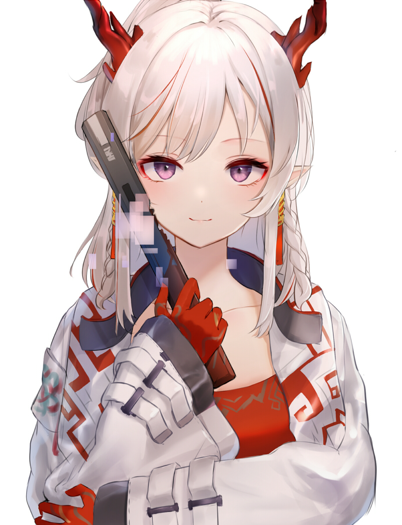 1girl, arknights, bandeau, braid, closed_mouth, collarbone, dragon_horns, eyeshadow