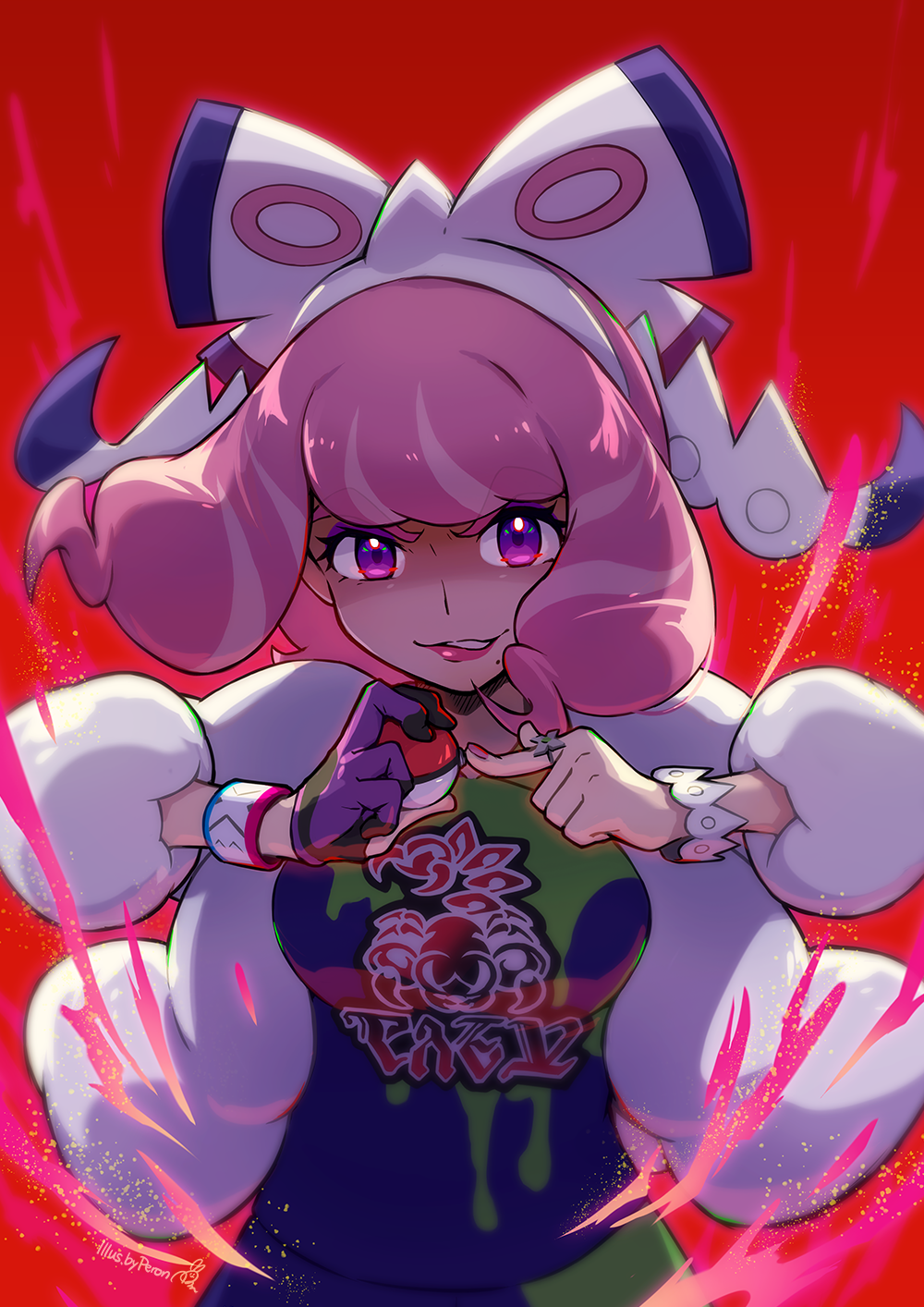 1girl, bow, breasts, coat, collared_shirt, commentary_request, dynamax_band, fur_coat