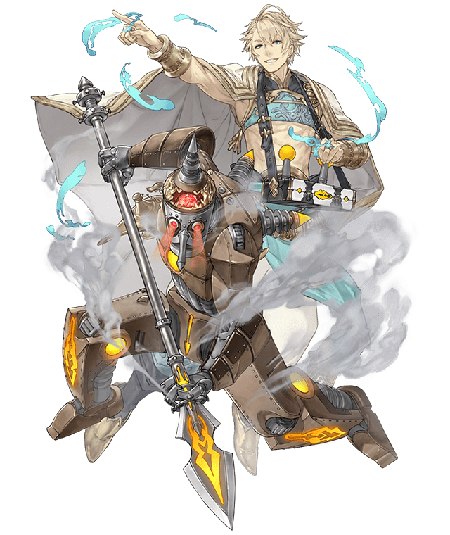 1boy, aladdin_(sinoalice), blonde_hair, blue_eyes, bracelet, cloak, controller, full_body