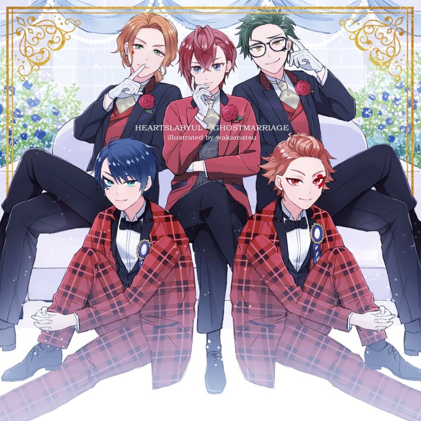 5boys, ace_trappola, ace_trappola_(suitor_suit), adjusting_eyewear, alternate_costume, artist_name, black_footwear, blue_eyes