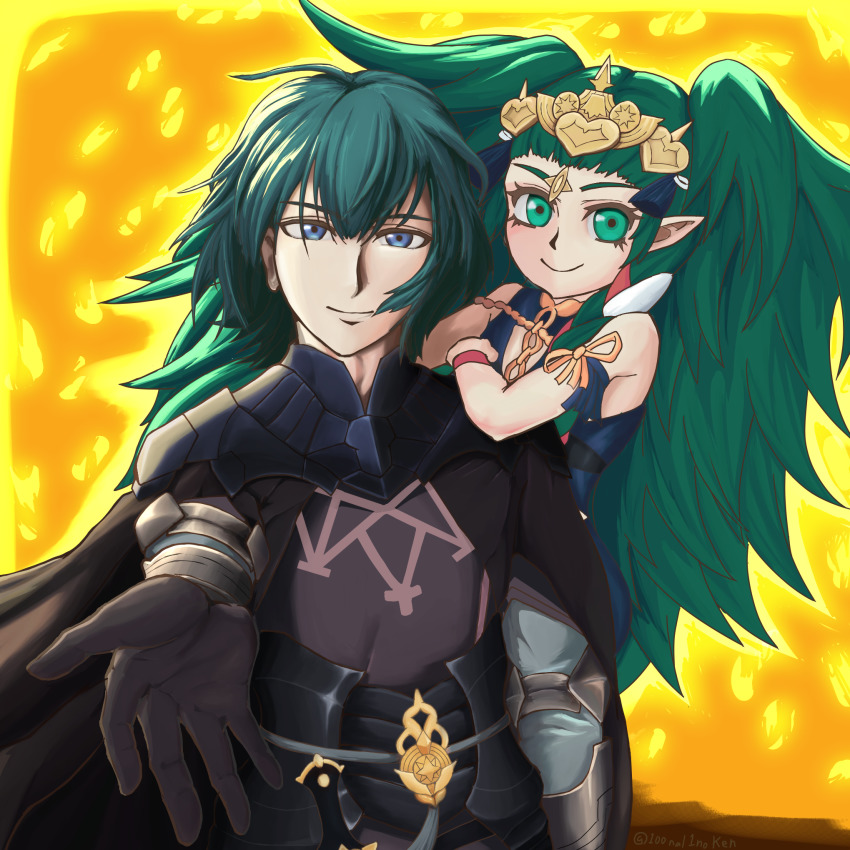 100nal1noken, 1boy, 1girl, armor, blue_eyes, blue_hair, braid, closed_mouth