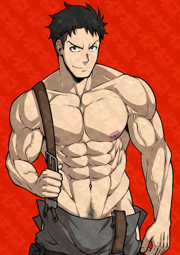 1boy, abs, akitaru_oubi, bara, bulge, collarbone, en'en_no_shouboutai, inunekostudio