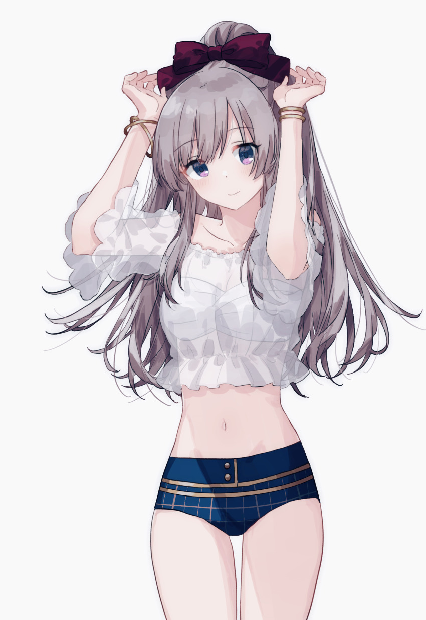 1girl, adjusting_bow, arms_up, bikini, bikini_bottom_only, blush, bow, bracelet