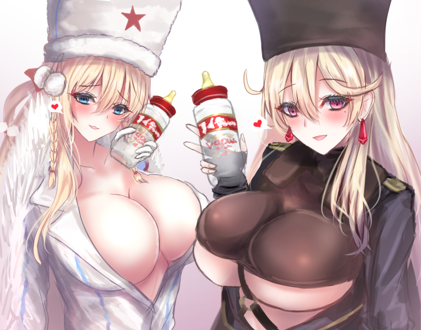 2girls, absurdres, blonde_hair, blue_eyes, blush, braid, braided_bangs, breasts