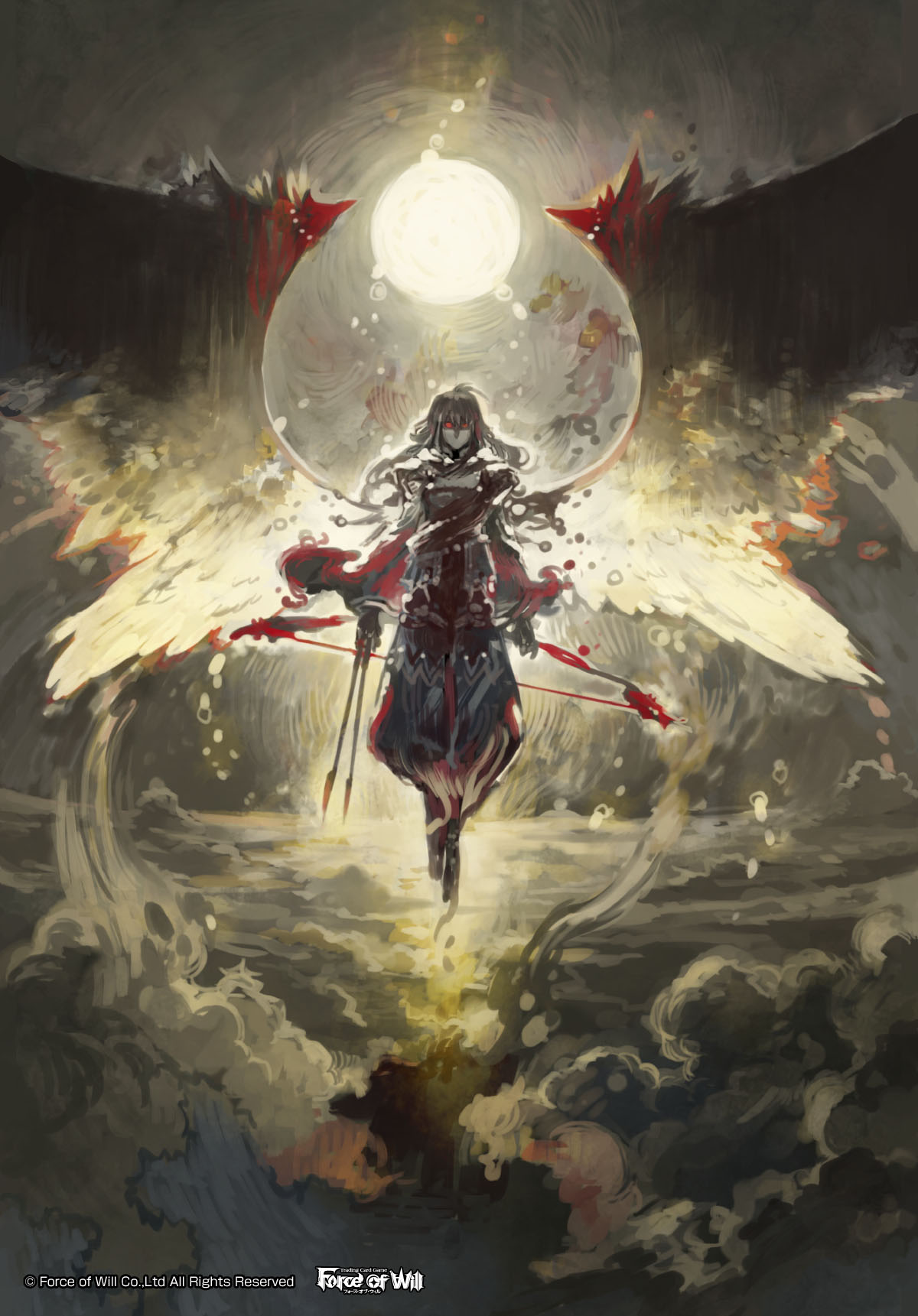 1boy, arrow_(projectile), bow_(weapon), brown_hair, copyright_name, english_text, fantasy, feathered_wings