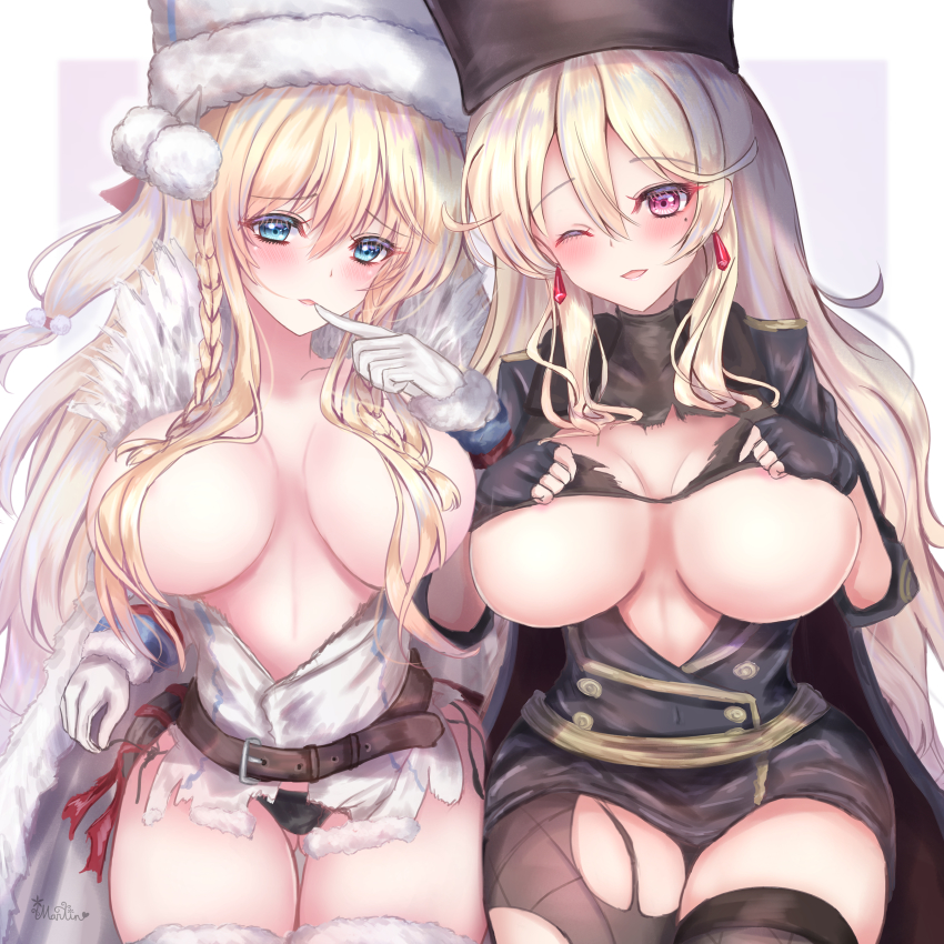 2girls, absurdres, asymmetrical_legwear, belt, black_gloves, black_panties, blonde_hair, blue_eyes, blush, braid, braided_bangs, breasts, cleavage, dp28_(girls'_frontline), earrings, finger_to_mouth, fingerless_gloves, fishnet_legwear, fishnets, fur_hat, girls'_frontline, gloves, hair_between_eyes, hand_on_breasts, hat, highres, jewelry, large_breasts, long_hair, looking_at_viewer, martinreaction, mole, mole_under_eye, multiple_girls, one_eye_closed, open_mouth, panties, pantyhose, papakha, ptrd_(girls'_frontline), purple_eyes, simple_background, smile, torn_clothes, torn_legwear, underwear, uneven_legwear, white_gloves