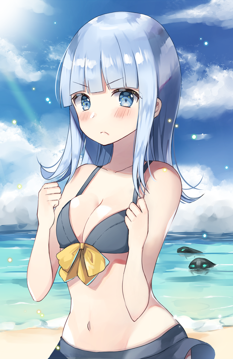 1girl, :<, beach, bikini, bikini_skirt, black_bikini, blue_eyes, blue_hair