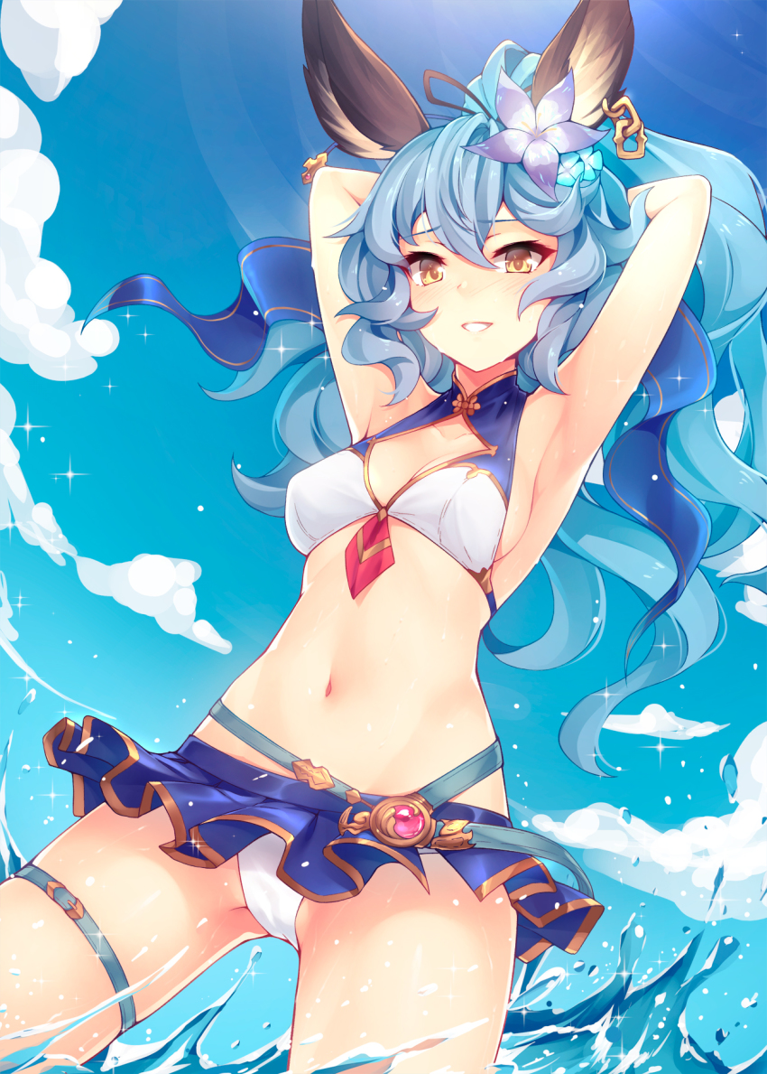 1girl, animal_ears, armpits, arms_up, bikini, bikini_skirt, blue_flower, blue_hair, blue_ribbon, blue_skirt, blue_sky, blush, breasts, cleavage_cutout, clothing_cutout, cloud, collarbone, day, earrings, erune, ferry_(granblue_fantasy), ferry_(summer)_(granblue_fantasy), flower, granblue_fantasy, hair_between_eyes, hair_flower, hair_ornament, hair_ribbon, highres, jewelry, long_hair, looking_at_viewer, medium_breasts, navel, outdoors, parted_lips, ponytail, purple_flower, rabbit_ears, ribbon, ricegnat, single_earring, skirt, sky, smile, solo, swimsuit, thigh_strap, wading, water, wavy_hair, yellow_eyes