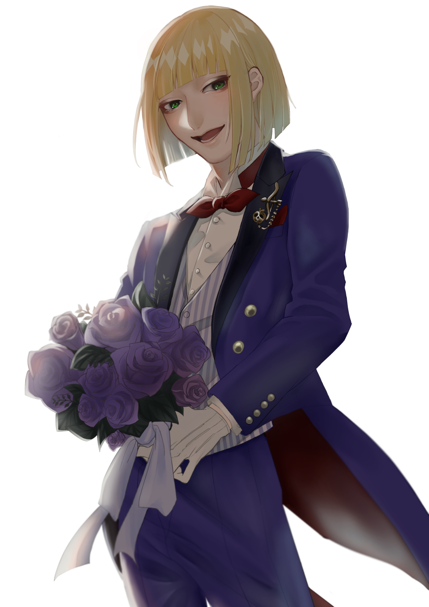 1boy, :d, absurdres, blonde_hair, blue_pants, blue_suit, blunt_bangs, bouquet