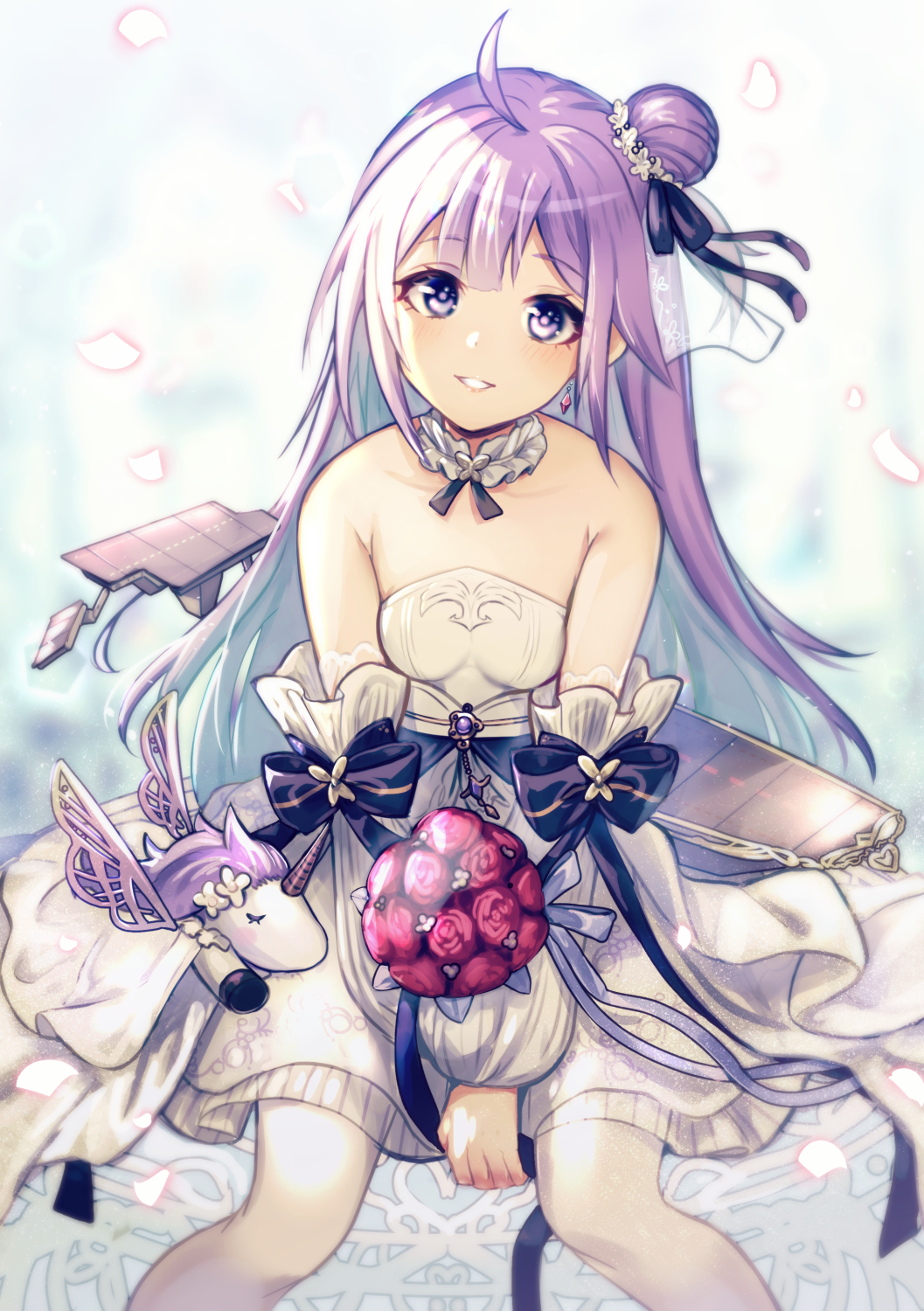 1girl, :d, ahoge, azur_lane, bare_shoulders, blurry, bouquet, choker