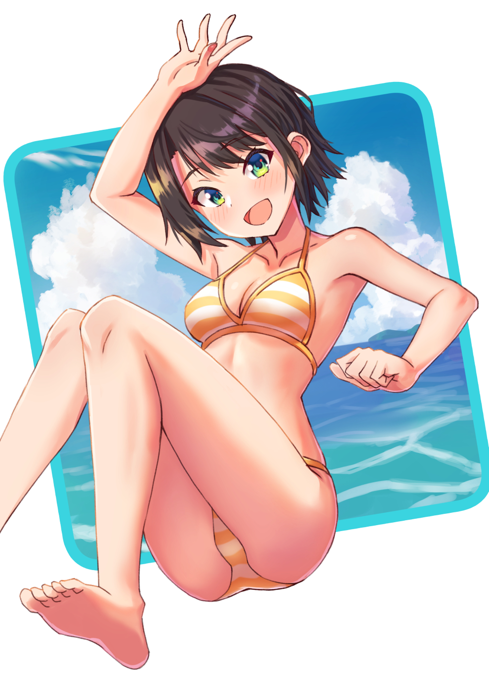 1girl, aqua_eyes, arm_up, bikini, black_hair, blue_sky, blush, breasts, cleavage, clenched_hand, cloud, collarbone, feet, highres, hololive, kaimuu_(fahrenheit724), looking_at_viewer, medium_breasts, oozora_subaru, oozora_subaru_(hololive_summer_2019), open_mouth, outdoors, short_hair, sky, smile, solo, striped_bikini, striped_clothes, swimsuit, virtual_youtuber, water
