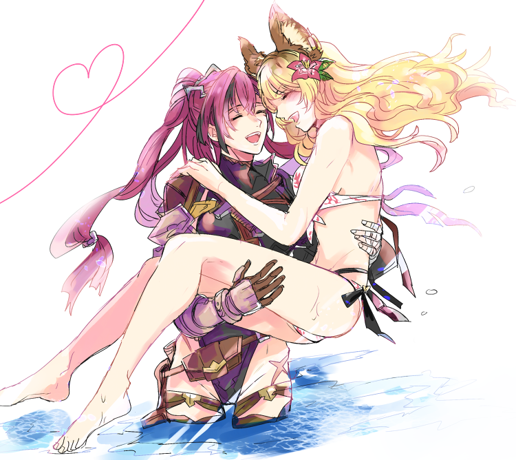 2girls, 4110ring, ^_^, animal_ears, bandaged_hand, bandages, bare_arms, bare_legs