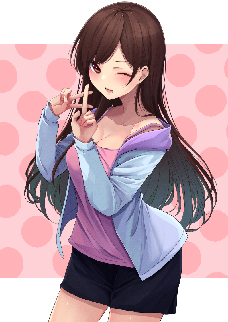 1girl, ;d, bare_shoulders, black_shorts, blue_jacket, blush, breasts, brown_eyes