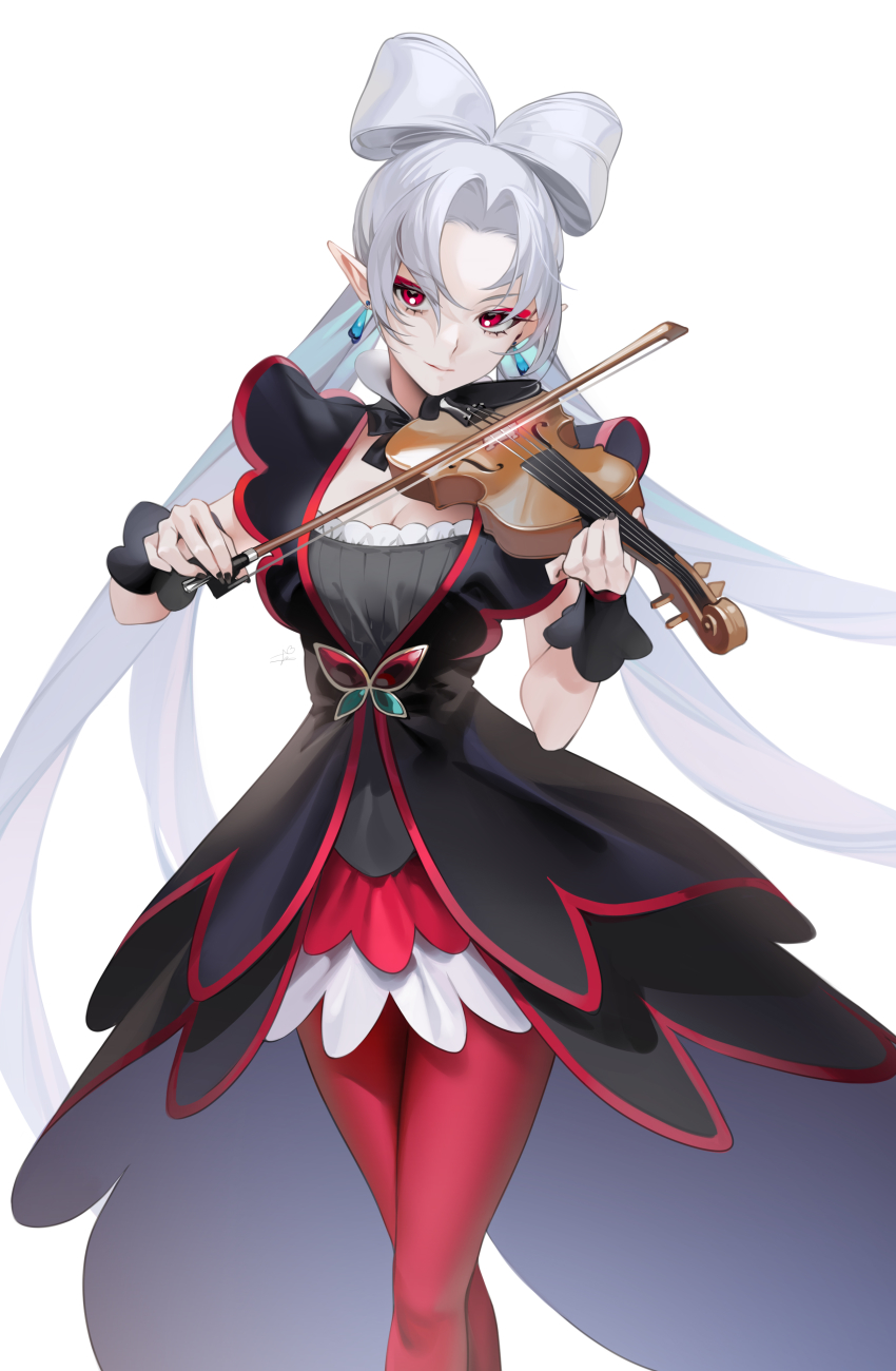 1girl, absurdres, akagi_towa, albino, black_dress, black_nails, bow_(music), cowboy_shot