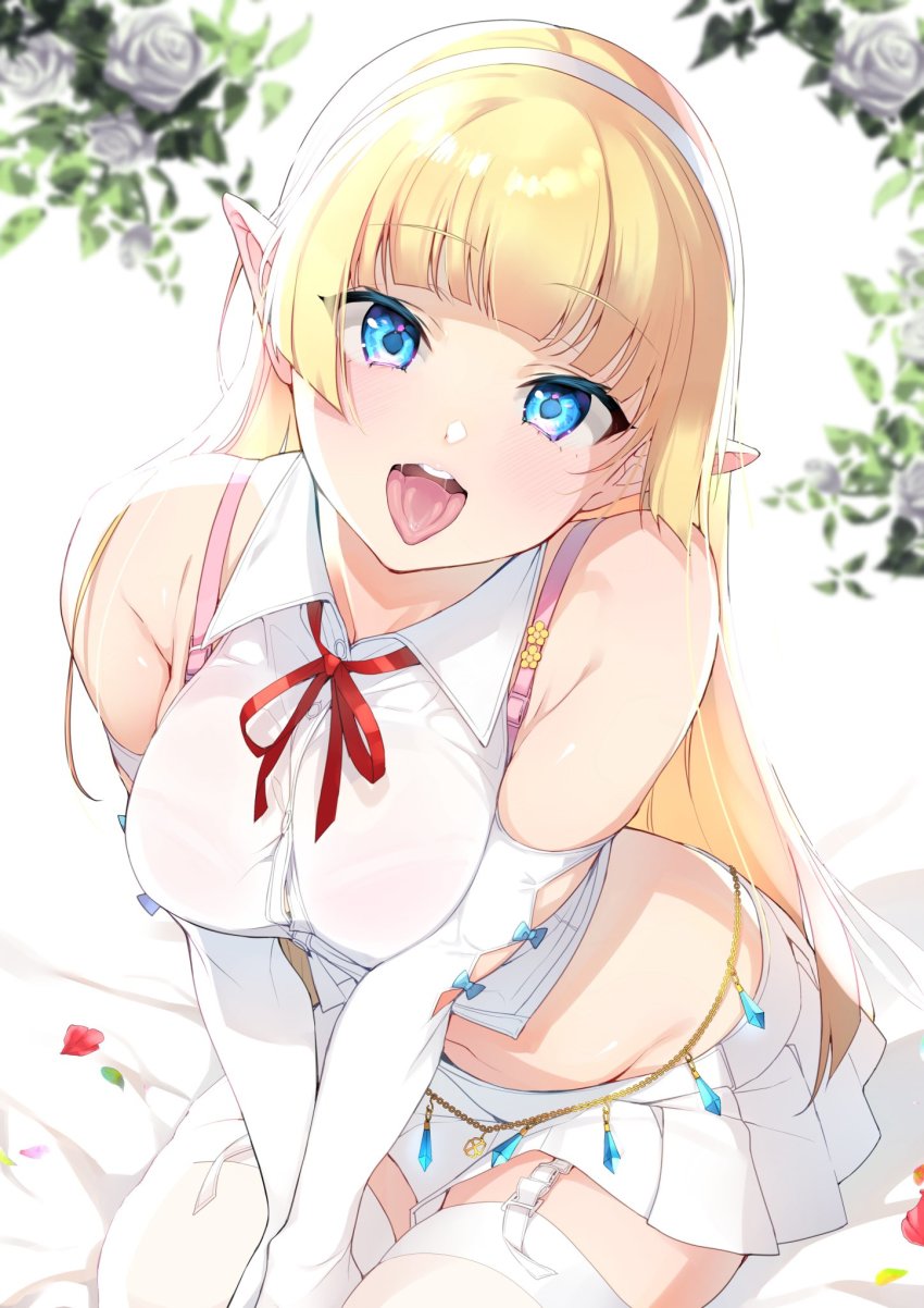 1girl, :d, bare_shoulders, blonde_hair, blue_eyes, blurry, blush, bra_strap, breasts, button_gap, collared_shirt, commission, crop_top, depth_of_field, elbow_gloves, elf, elf_no_radral, garter_straps, gloves, groin, hairband, highres, inari_(inariya), long_hair, looking_at_viewer, medium_breasts, midriff, miniskirt, navel, neck_ribbon, open_mouth, original, pleated_skirt, pointy_ears, ribbon, shirt, sitting, skeb_commission, skirt, sleeveless, sleeveless_shirt, smile, solo, thighhighs, tongue, tongue_out, v_arms, white_gloves, white_shirt, white_skirt, white_thighhighs, zettai_ryouiki