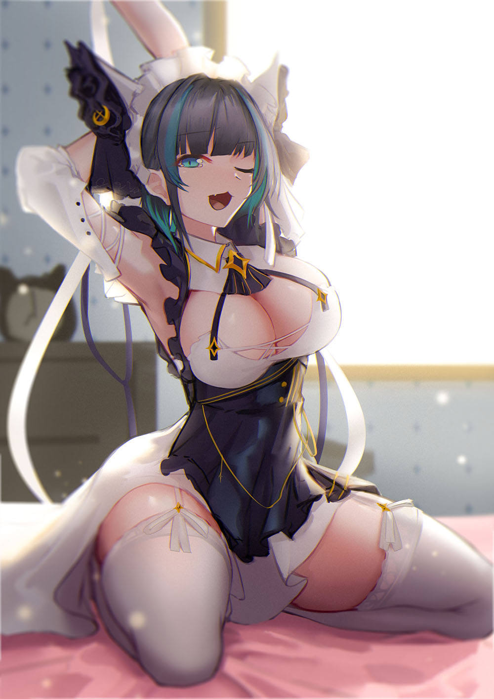 1girl, :3, aqua_eyes, armpits, azur_lane, black_hair, blush, breasts