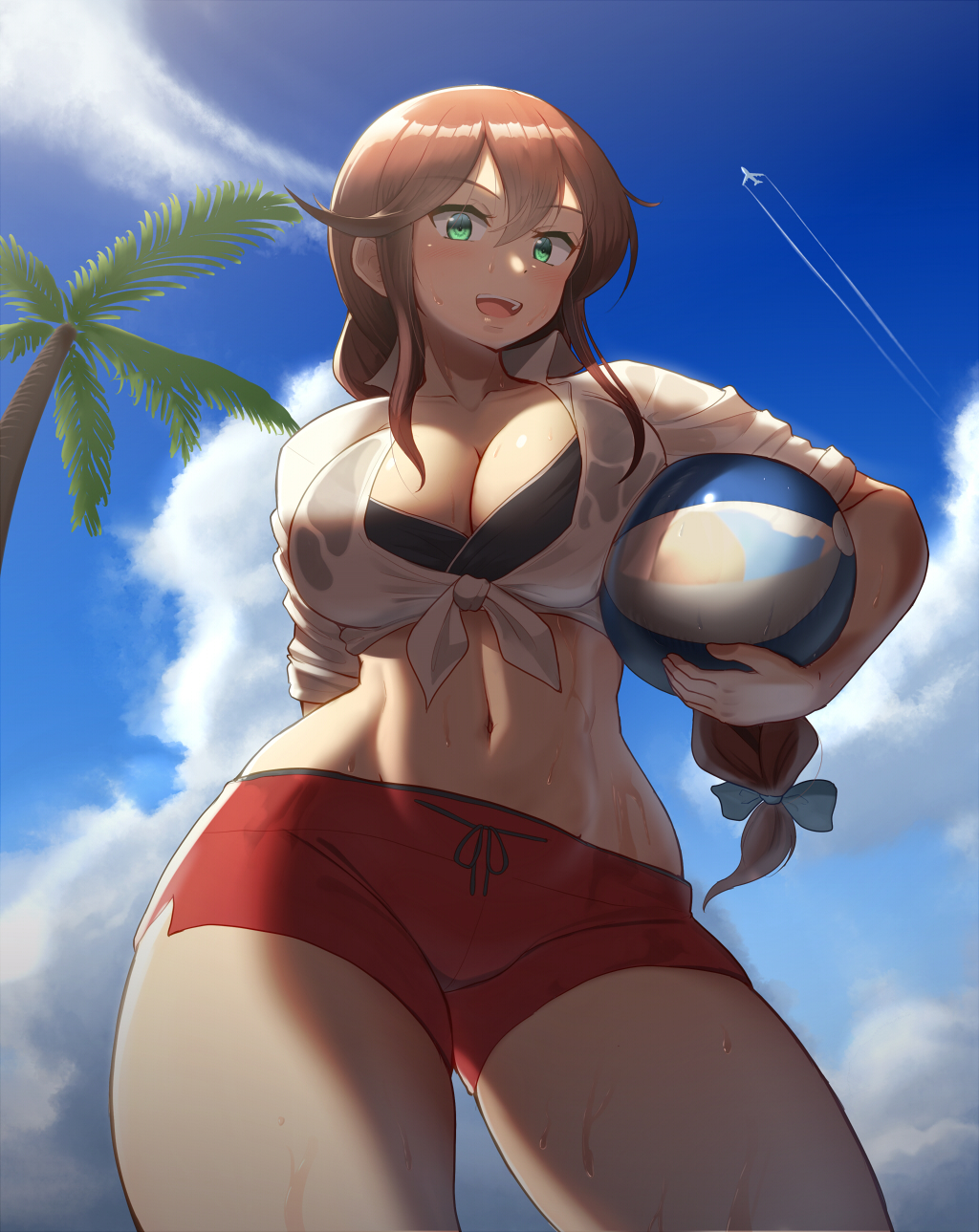 1girl, aircraft, airplane, ball, beachball, bikini, black_bikini, blue_sky, braid, brown_hair, cloud, commentary_request, contrail, day, from_below, green_eyes, highres, kantai_collection, long_hair, long_sleeves, looking_at_viewer, maku_ro, noshiro_(kancolle), noshiro_(swimsuit)_(kancolle), outdoors, palm_tree, red_shorts, shade, shirt, short_shorts, shorts, sky, sleeves_rolled_up, solo, swept_bangs, swimsuit, tied_shirt, tree, twin_braids, white_eyes