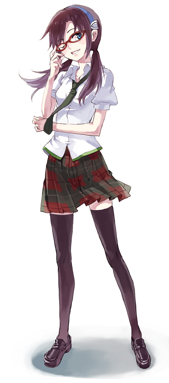 00s, 1girl, adjusting_eyewear, bad_id, bad_pixiv_id, black_thighhighs, blue_eyes, brown_hair