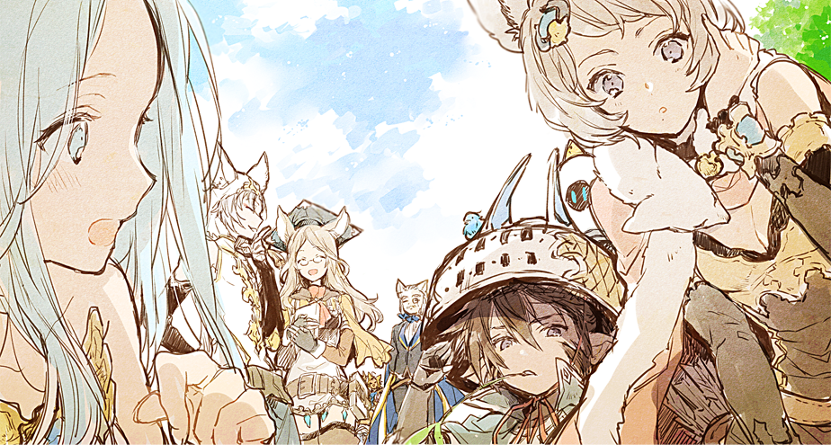animal, animal_ears, animal_on_head, arusha_(granblue_fantasy), bird, bird_on_head, blue_hair, brown_hair