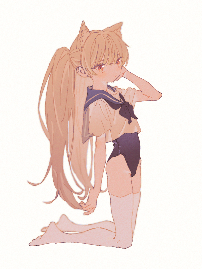 1girl, animal_ears, blonde_hair, blunt_bangs, cat_ears, dobudouhu, expressionless, hand_on_own_cheek, hand_on_own_face, kneeling, long_hair, looking_at_viewer, midriff, one-piece_swimsuit, original, sailor_collar, school_swimsuit, simple_background, solo, swimsuit, swimsuit_under_clothes, thighhighs, twintails, very_long_hair, white_thighhighs, yellow_eyes