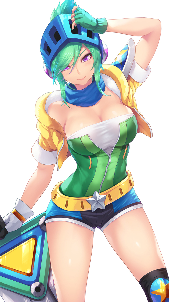1girl, alternate_costume, arcade_riven, arm_up, bare_shoulders, belt, black_thighhighs, blue_shorts