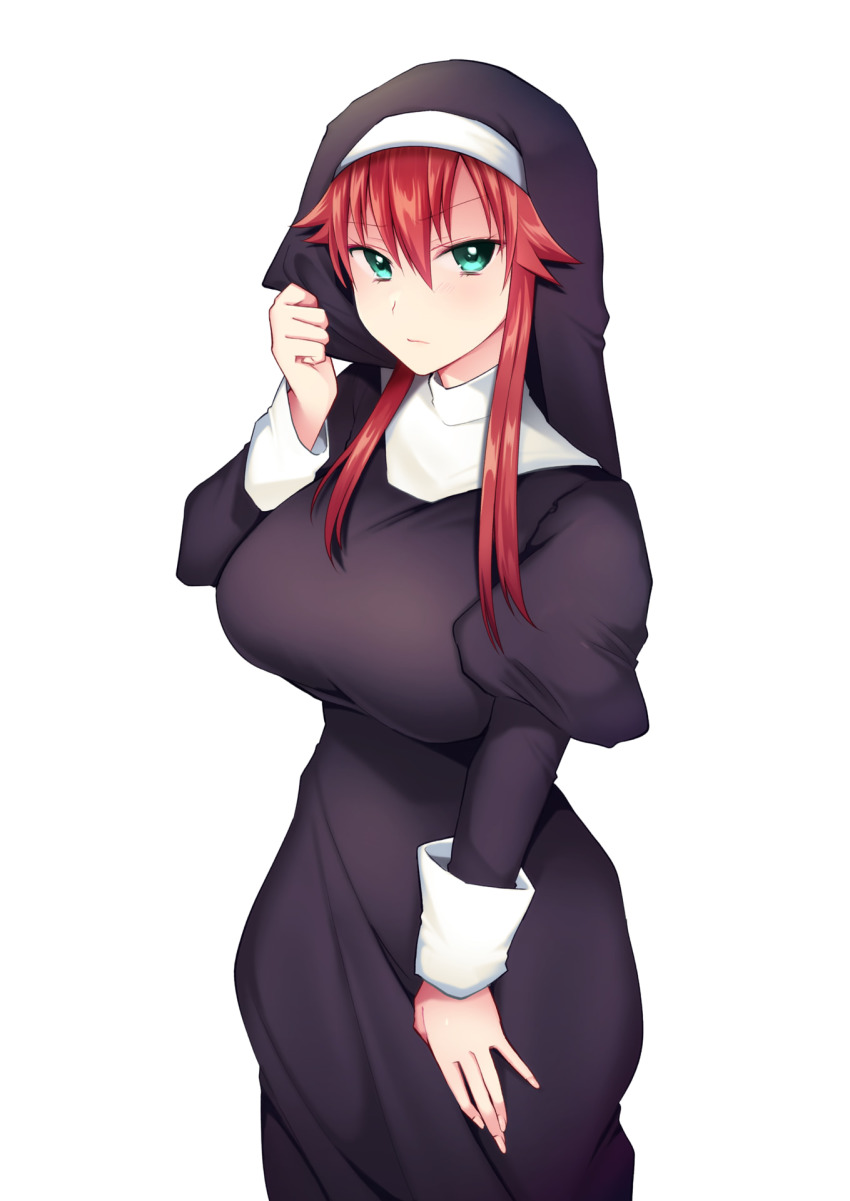 1girl, black_dress, blush, breasts, closed_mouth, comic_kairakuten, cowboy_shot, dress