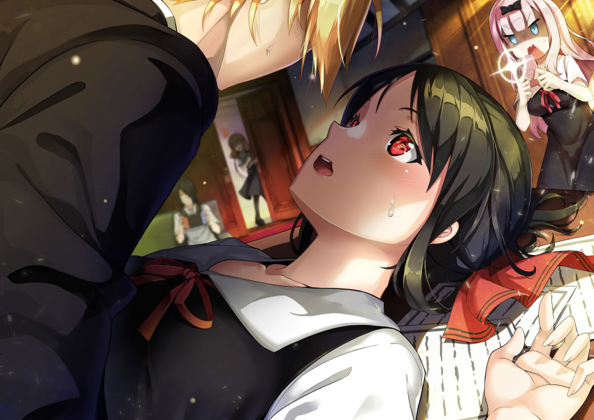 2boys, 3girls, :o, absurdres, angry, black_bow, black_dress, black_hair