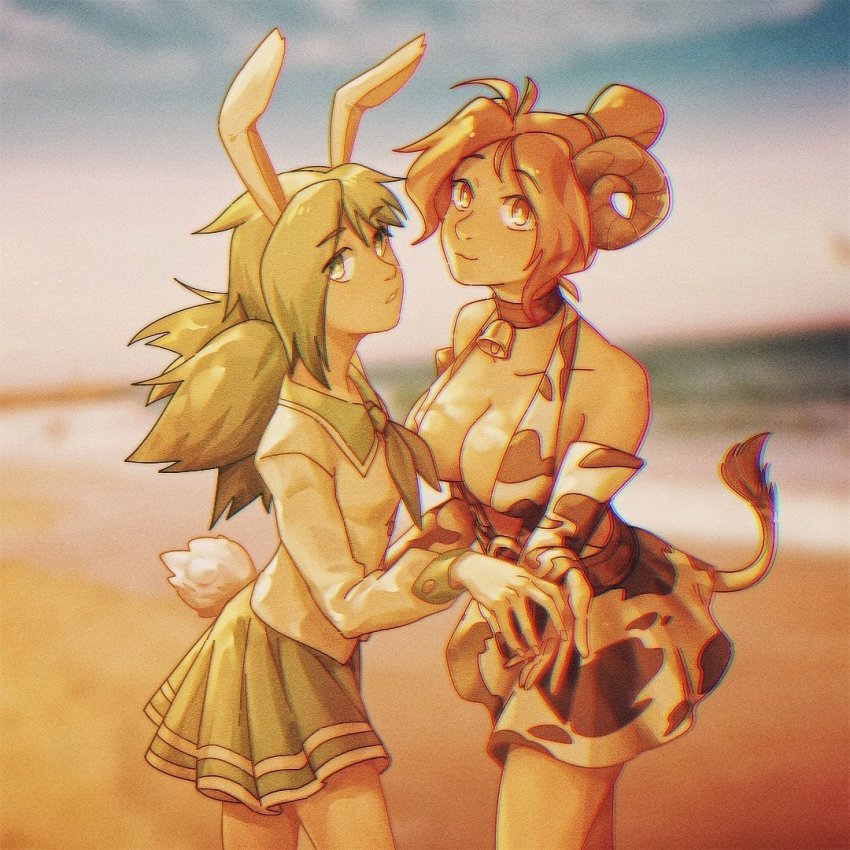 2girls, animal_ears, animal_print, anna_(epic_battle_fantasy), bare_shoulders, beach, bell, belt