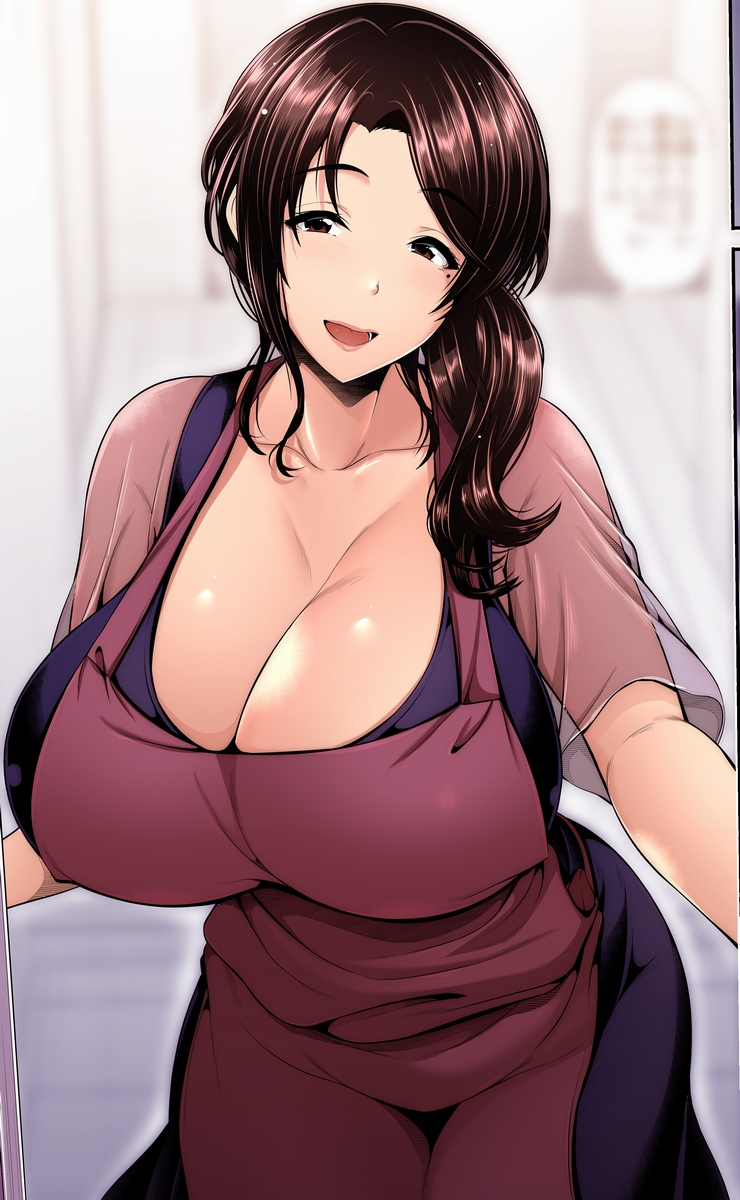1girl, :d, apron, breasts, brown_eyes, brown_hair, cleavage, collarbone, commentary_request, dress, hair_over_shoulder, highres, huge_breasts, leaning_forward, long_hair, looking_at_viewer, low_tied_hair, mature_female, mole, mole_under_eye, open_mouth, original, purple_dress, red_apron, see-through_clothes, short_sleeves, smile, solo, toba_yuga