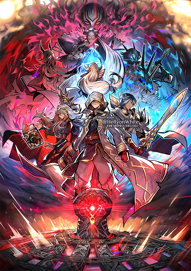 3boys, 5girls, alfonse_(fire_emblem), armor, book, cape, coat, eir_(fire_emblem), fire_emblem, fire_emblem_heroes, glowing, hel_(fire_emblem), hellyon_white, hood, hood_up, kiran_(fire_emblem), lif_(fire_emblem), long_hair, low-tied_long_hair, multiple_boys, multiple_girls, nintendo, scale_armor, sword, thrasir_(fire_emblem), veronica_(fire_emblem), weapon