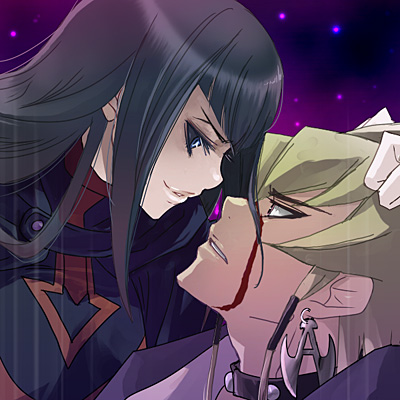 00s, 1boy, 1girl, black_hair, black_sclera, blonde_hair, blood, carly_nagisa