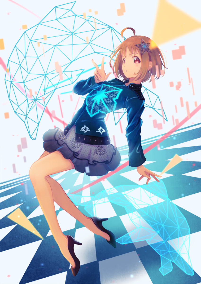 1girl, artist_name, artist_request, bare_legs, bare_shoulders, black_footwear, blue_shirt, blush, breasts, checkered_floor, collared_shirt, earrings, fantastic_departure!, fantastic_departure_(love_live!), female_focus, flower_print, full_body, grey_skirt, hair_ornament, high_heels, highres, jewelry, long_sleeves, looking_at_viewer, love_live!, love_live!_school_idol_festival, love_live!_sunshine!!, macken666, miniskirt, orange_hair, parted_lips, plaid_clothes, plaid_skirt, pleated, pleated_skirt, red_eyes, shirt, short_hair, skirt, small_breasts, smile, solo, star_(symbol), star_hair_ornament, takami_chika, triangle_earrings, v