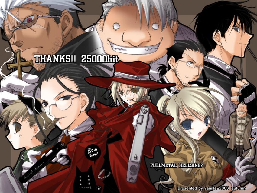 alex_louis_armstrong, alexander_anderson_(cosplay), alphonse_elric, alucard_(hellsing)_(cosplay), casull_(hellsing), cosplay, crossover, edward_elric, fullmetal_alchemist, gluttony_(fma), gun, handgun, hellsing, izumi_curtis, jackal_(hellsing), maes_hughes, major_(hellsing)_(cosplay), parody, pistol, roy_mustang, scar_(fma), seras_victoria_(cosplay), walter_c._dornez, weapon, winry_rockbell