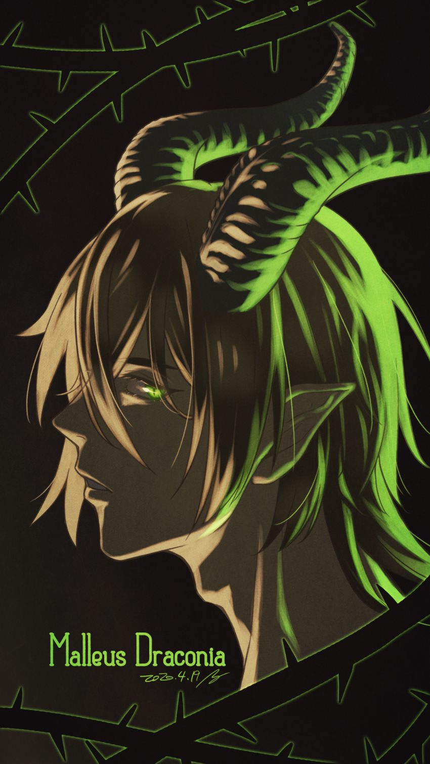 1boy, adam's_apple, character_name, dark_background, dated, green_eyes, hair_between_eyes, highres, horns, male_focus, malleus_draconia, pointy_ears, profile, sagachin0124, solo, thorns, twisted_wonderland