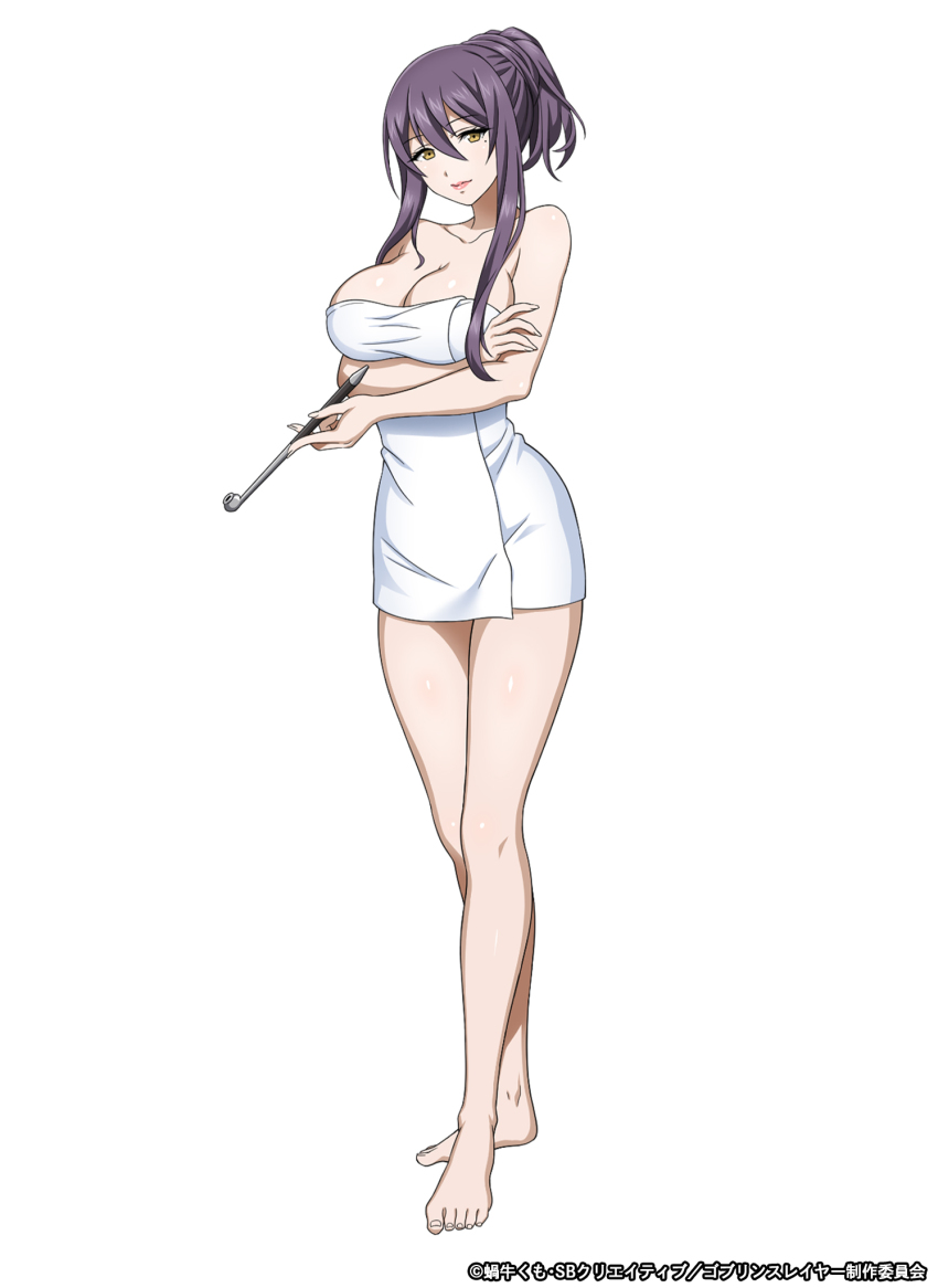 1girl, barefoot, colored_skin, full_body, goblin_slayer!, highres, looking_at_viewer, naked_towel