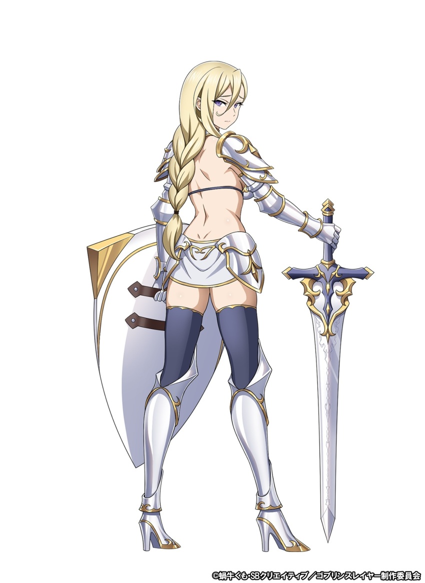 1girl, armor, bikini, bikini_armor, blonde_hair, blue_eyes, breasts, female_knight, female_knight_(goblin_slayer!), goblin_slayer!, highres, knight, large_breasts, long_hair, official_art, ponytail, swimsuit, sword, weapon